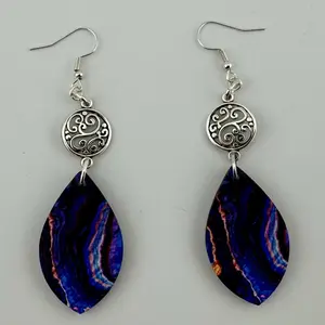 Lunar Vein Drop Earrings – UV Printed Wood with Swirl Medallion Accent