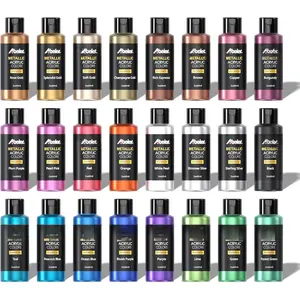 Metallic  , Set of 24 Metallic Colors in 2oz/60ml Bottle, Rich Pigments, Non Fading, Non  Paints for Artist, Beginners &  Painting on Rocks Crafts Canvas , Fabric&Stone