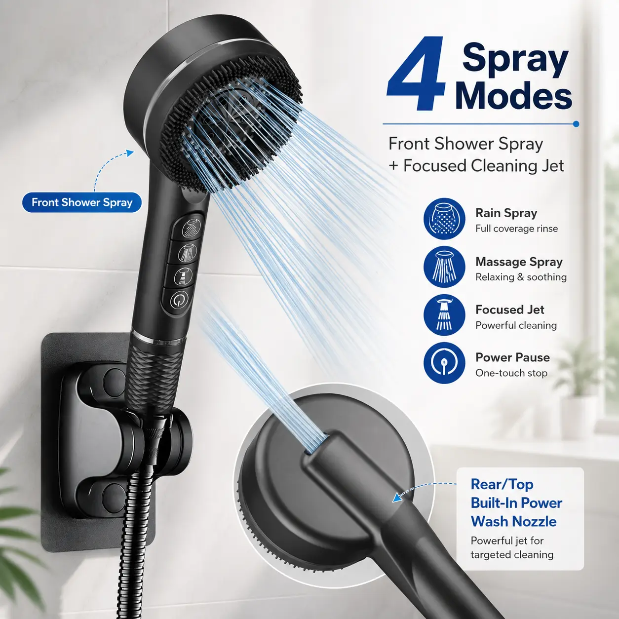 Adjustable Handheld Showerhead, 4 Modes - High Pressure Jet Mode, Scalp Massage Design - Single/Bundle Available for Indoor Bath