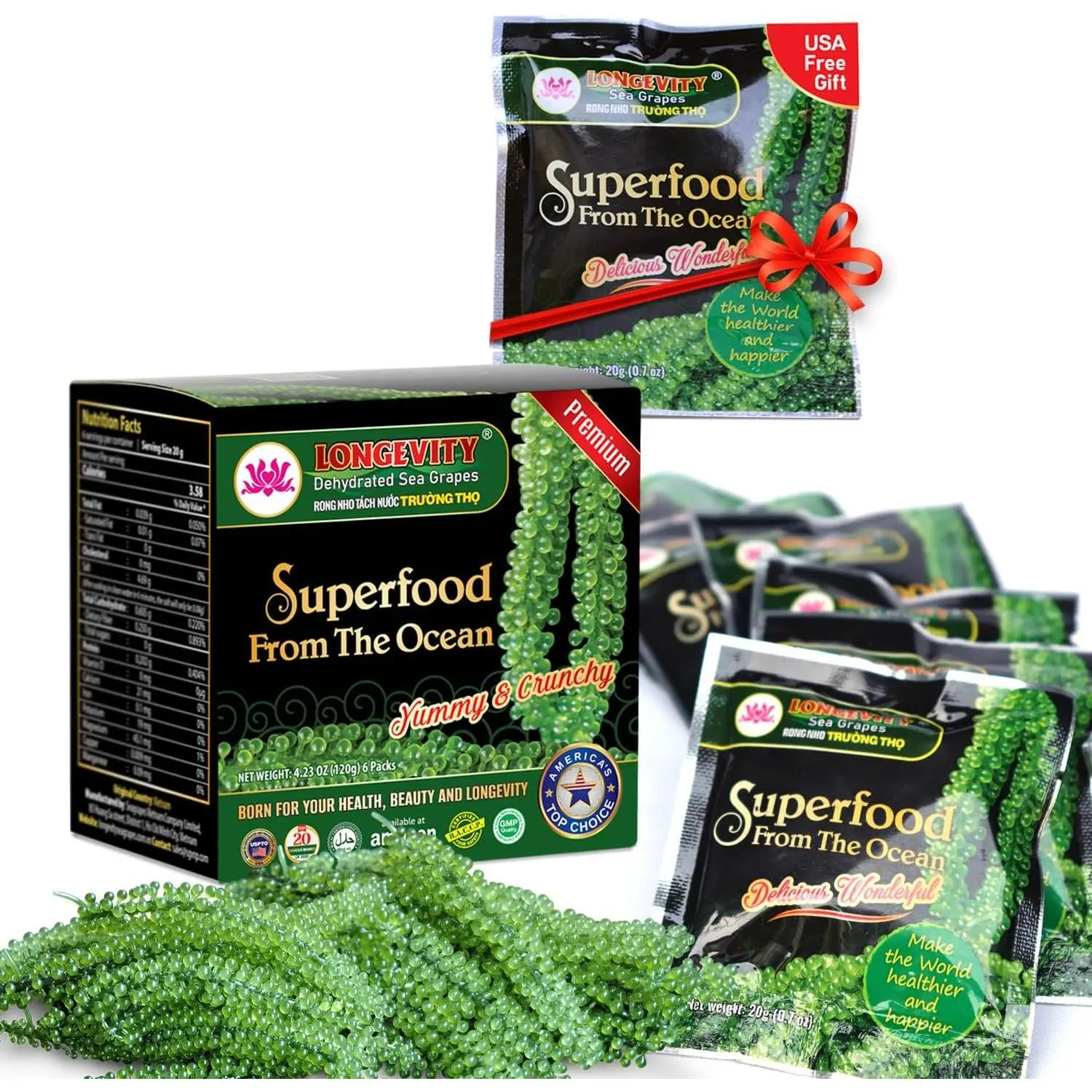 Longevity Dehydrated Sea Grapes, 4.23 oz 6 packs, Umibudo Green Caviar, Lato Seaweed, Precious Gift From Sea |   Enhance Health, Boosting Immune System.