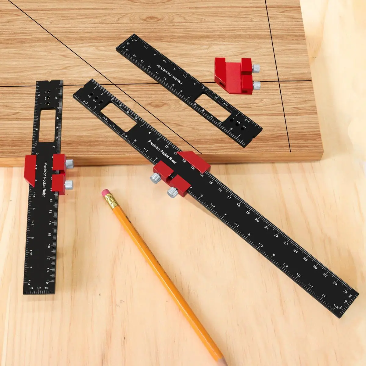Woodworking Precision Pocket Ruler, Portable Aluminum Alloy T-type Scribing Square Layout Tool with Slide Stops, Accurate Slide Ruler for DIY Projects, Woodworking Measuring Tool