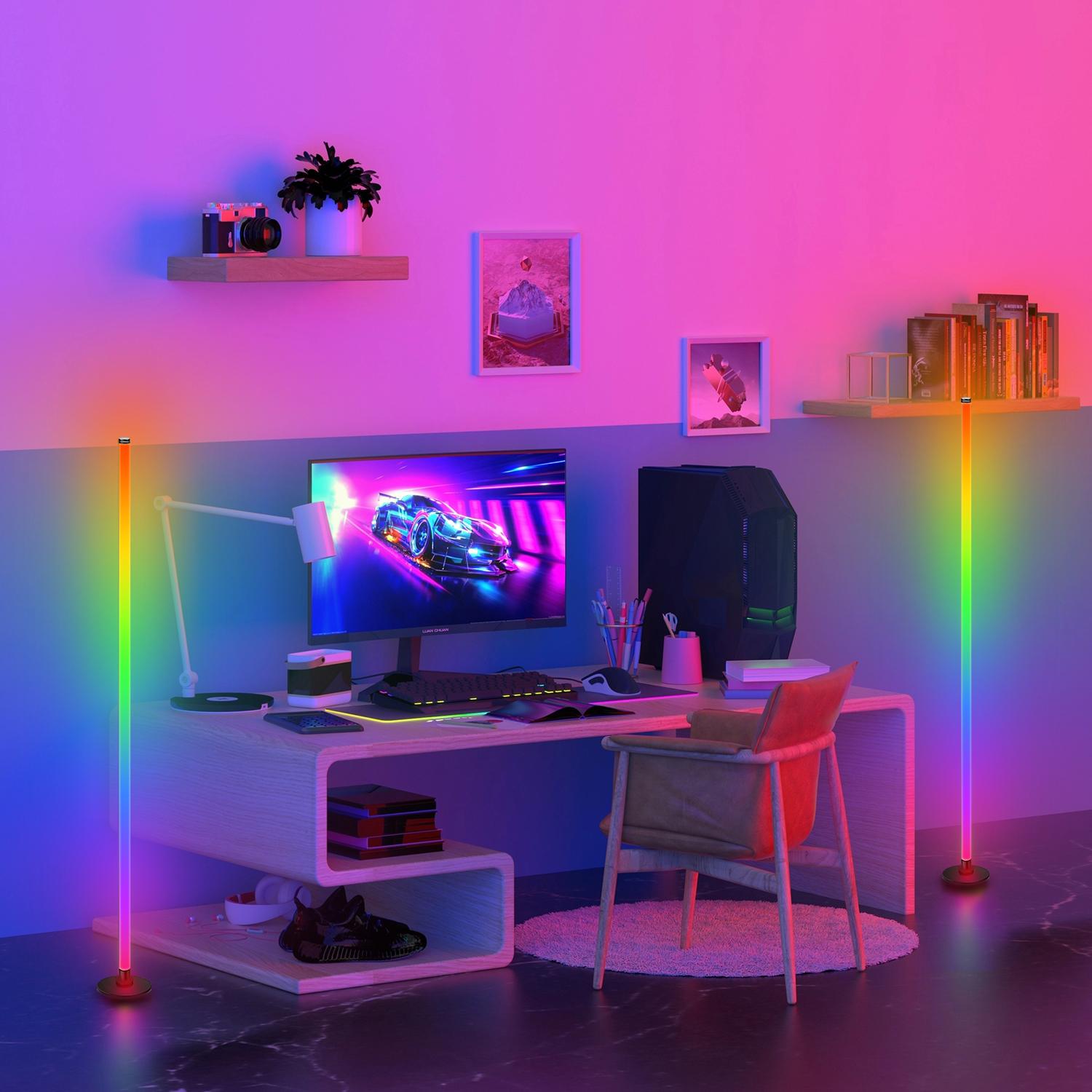 LED RGBIC Corner Floor Lamp, RGB+IC Music Sync DIY Mode, Remote Control, USB Power Supply, Three-Section Telescopic, Easy Installation, Color-Changing Multicolor Function, Suitable for Living Room, Bedroom, Game Room Decoration, and Living Room Floor Lamp