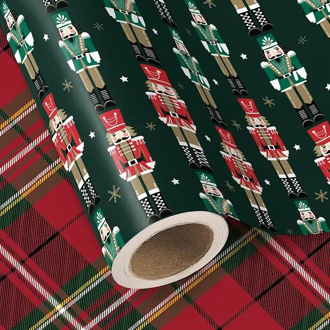 WRAPAHOLIC Christmas Nutcracker Wrapping Paper Roll, Reversible Holiday Gift Wrap with Nutcracker, Christmas Tree, Bear and Plaid Designs, Classic Red Green Christmas Gift Wrapping Paper for Kids, Family, Holiday Party, Winter Season, 17 Inch x 16.5 Feet