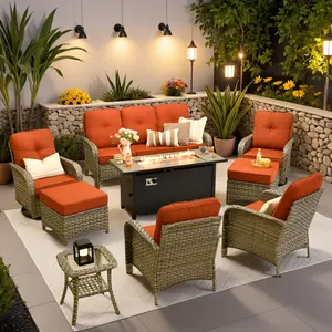XIZZI 8-Pieces Patio Furniture Set with Fire Pit Table, Swivel Chair, Outdoor Wicker Sofa Couch, All Weather High Back Modern Conversation Set for Yard Balcony Pool