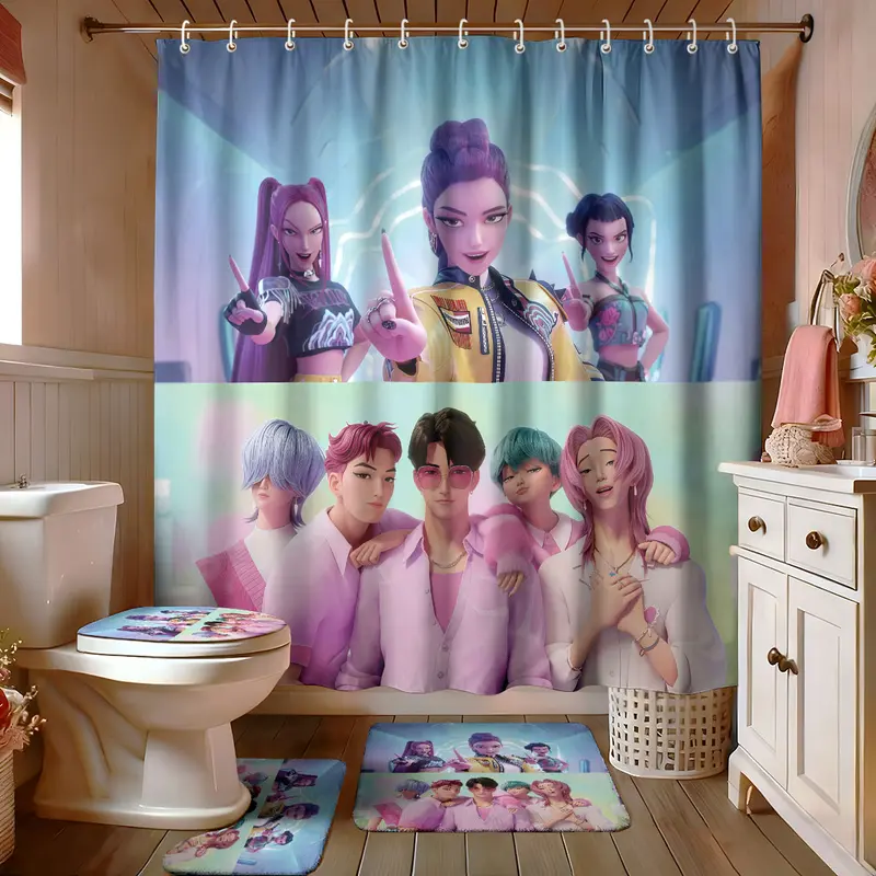 K-POP Demon Hunters Bathroom Set, Shower Curtain Sets Including Shower Curtain with 12 Hooks, Non-Slip Bath Rug, U-Shaped Toilet Mat, Toilet Lid Cover, Bathroom Decoration Accessories