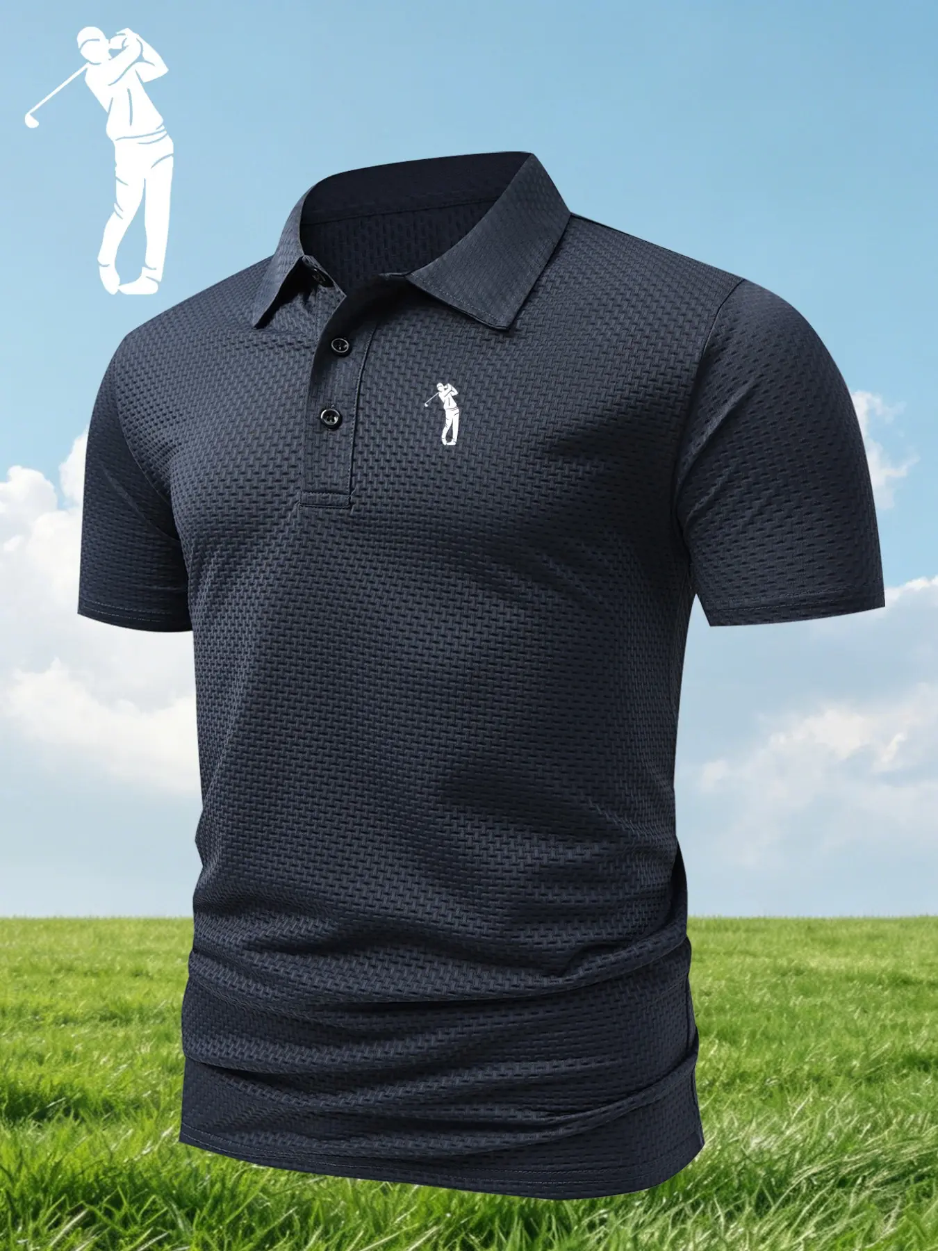 Aq3830 Golf Logo Print Men's Fitted Polo Shirt, Elastic Casual Breathable Four-Season Comfortable Durable High-End Polo Top, Casual Activewear