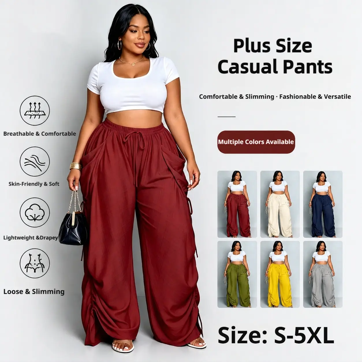 Women Plus Size Drawstring Wide Leg Casual Pants S-5XL, Lightweight Skin-Friendly Breathable Flowy Trousers with Side Pocket & Ruched Detail, Loose Slimming Draped Palazzo Pants for Daily Streetwear Vacation Loungewear All Day Comfort