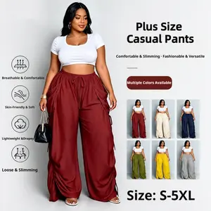 Women Plus Size Drawstring Wide Leg Casual Pants S-5XL, Lightweight Skin-Friendly Breathable Flowy Trousers with Side Pocket & Ruched Detail, Loose Slimming Draped Palazzo Pants for Daily Streetwear Vacation Loungewear All Day Comfort