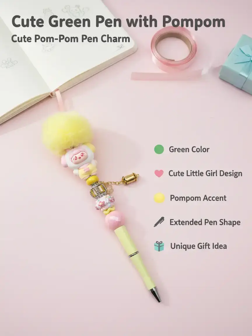 Green Extended Pen with Cute Little Girl and Pompom