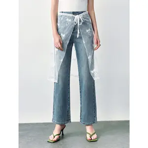 URBAN REVIVO 2026 Summer Lady's Cotton Denim Straight Leg Jeans, Hip-Flattering Bottoms with Lace Shawl Detail