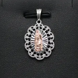 925 Silver Virgen 2 Tone Oval Pendant with CZ