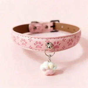 Adjustable PU Leather Cute Paw Print Dog Collar with Plush Paw Pendant, Kawaii Basic Pet Collar for Small Dogs, Fashionable Pet Accessory