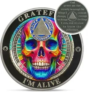 Rainbow Skull  Sobriety Coin - Grateful I'm Alive AA Coins - Recovery Addiction NA AA Chips and Medallions - 1-10 Years Living Clean Narcotics Alcoholics Anonymous Gifts for Men Women