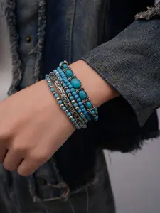 Vintage Western Style Turquoise Beaded Stretch Bracelet Set, 5 Pcs, Hypoallergenic, Boho Design, All Seasons Jewelry