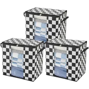 Checkered Clothes Storage Bins, 100L Black and White Large Blanket Storage Bags, Closet Organizers and Storage Containers for Comforters, Bedding, Foldable Organizer with Handle, 3 Pack