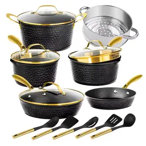Charleston Collection 15-Piece Aluminum Hammered Ceramic Coating Nonstick Cookware Set with Utensils in Black GRANITESTONE