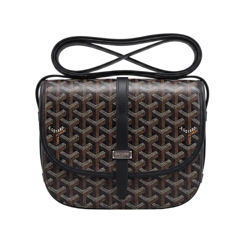 Goyard Black Belvedere Women's Crossbody & Shoulder Bag, Herringbone Design, Adjustable Strap, Casual-Elegant Style, Engraved Metal Loop Fastening