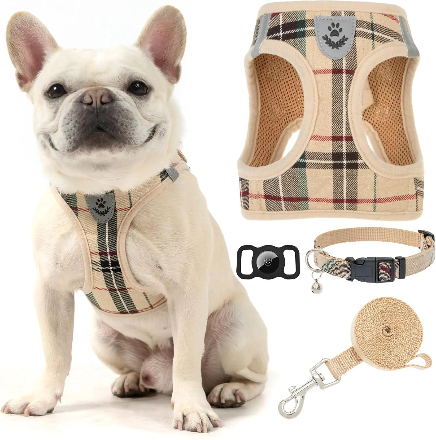 Plaid Small Dog Harness and Leash Set with AirTag Holder - No Pull Soft Padded Step in Dog Vest Harness Medium Sized Dog, Reflective Puppy Harness, Collar and Leash for Walking, Khaki S