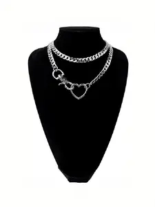 Multilayer Cuban chain necklace with a heart - shaped keychain, in a vintage style, hip - hop trend, with a layered design, suitable for cosplay and daily use