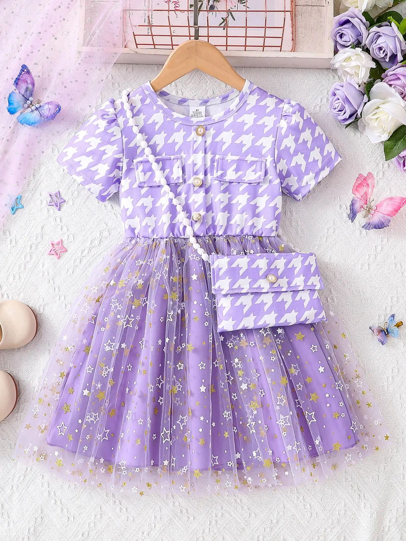 Girl's Houndstooth & Star Pattern Button Dress with Crossbody Bag, Elegant Short Sleeve A Line Dress with Crossbody Bag for Daily Outdoor Wear, Kids C