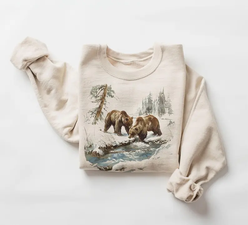 Women's Long Sleeve Round Neck Casual Tops - Grizzly Bear Graphic Sweatshirt, Forest Wildlife Scene Pullover, Vintage Nature Crewneck, Cozy Gift for Outdoor Enthusiasts, Fabric, Printed, Cotton