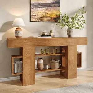 63 Inchs Long Console Table, 3-Tier Storage Narrow Sofa Table, Rustic Farmhouse Entryway Table, Thickened Tabletop for Entrance, Hallway, Behind Couch, Living Room, Natural Brown