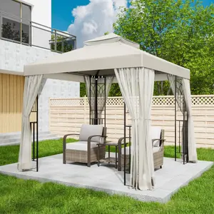 8x8 Patio Double Roof Gazebo with Mesh Netting, Corner Shelves