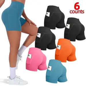 6 PACK High Waisted Biker Shorts for Women with Pockets Tummy Control Fitness Athletic Workout Running Yoga Gym Shorts