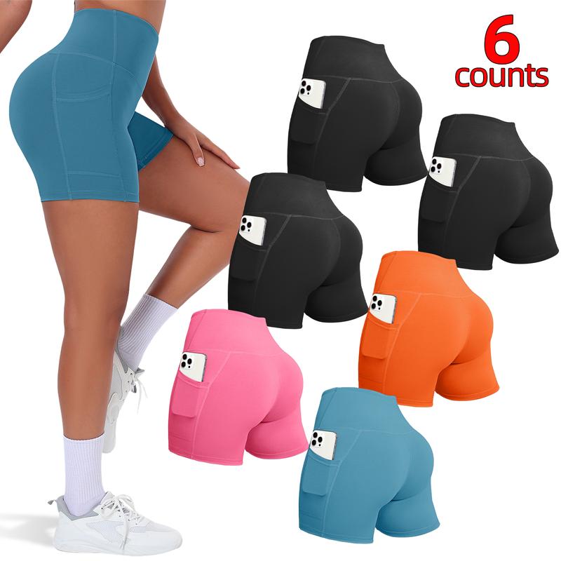 Women's 6-8 Pack High Waisted Biker Waistband Shorts with Pockets - Tummy Control, Wide Stay-Put Waistband, Premium Smooth Sleek Fabric, Active Bottoms for Yoga, Gym