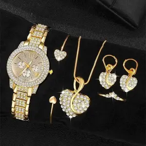 Luxury Elegant Women's Watch Set, Alloy Crystal Ladies Watches, Gift Quartz Wristwatch, Diamond Bracelet, 6 Piece Jewelry Collection