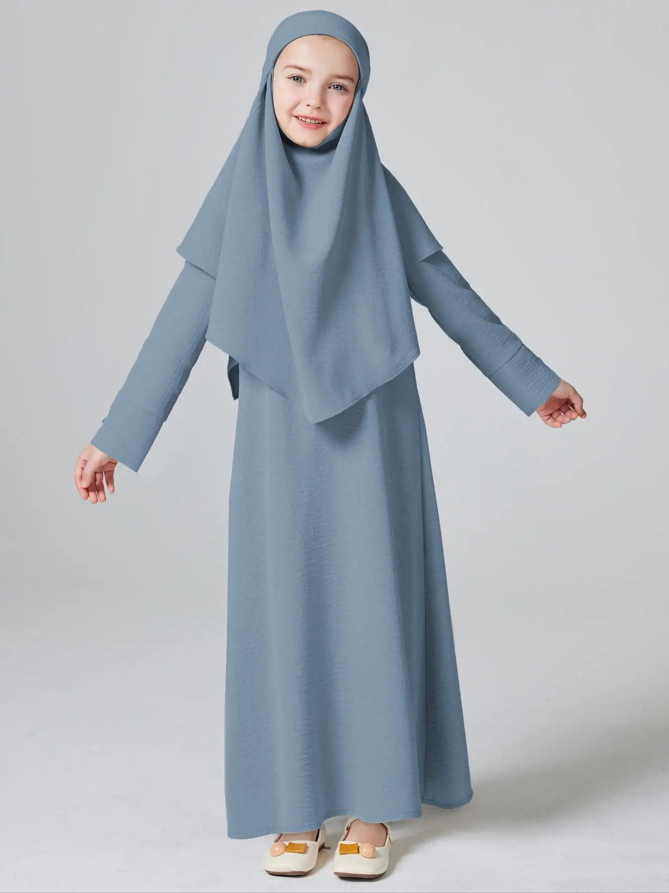 Muslim Girls Solid Color Hijab & Long Sleeve Dress Two-Piece Set, Modest Casual Long Sleeve Dress & Hijab Set, Kids Clothes for Summer