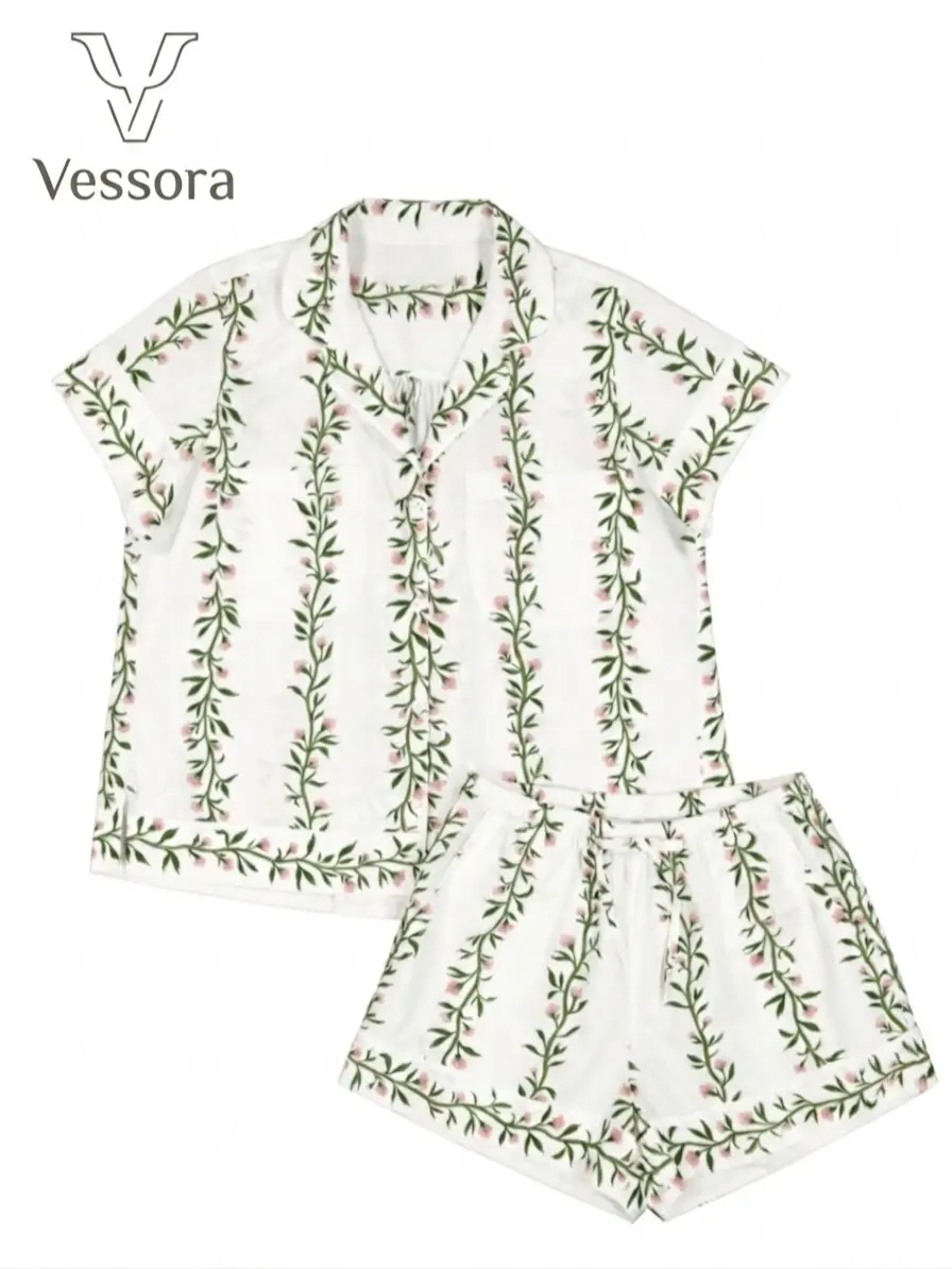 Vessora Womens Emily Vine Pink Pajama Set Soft Button Up Sleepwear 2 Piece Lounge Set Floral PJ Shorts Set Comfy Summer Loungewear Cute Bridal Pajamas