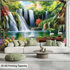 1 oversized waterfall swan landscape tapestry - high definition printed polyester fabric with swans, boats and floral patterns, anti-wrinkle interior for living rooms, bedrooms, offices - free hanging clips included to enhance room atmosphere