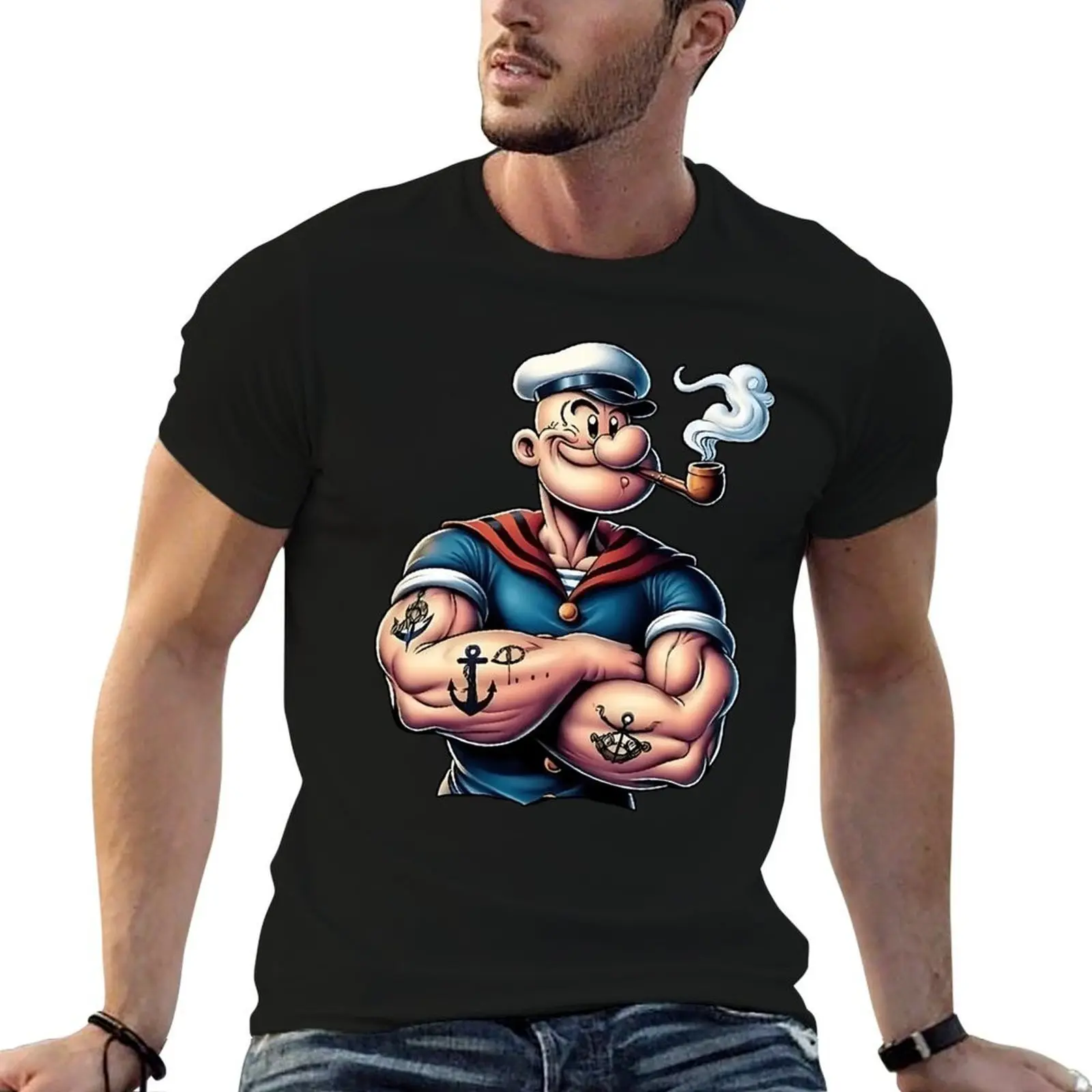 Men's Retro Popeye the Sailor Man Graphic Tshirt - Fitted Short Sleeve Crewneck Casual Tee for Classic Animation Fans