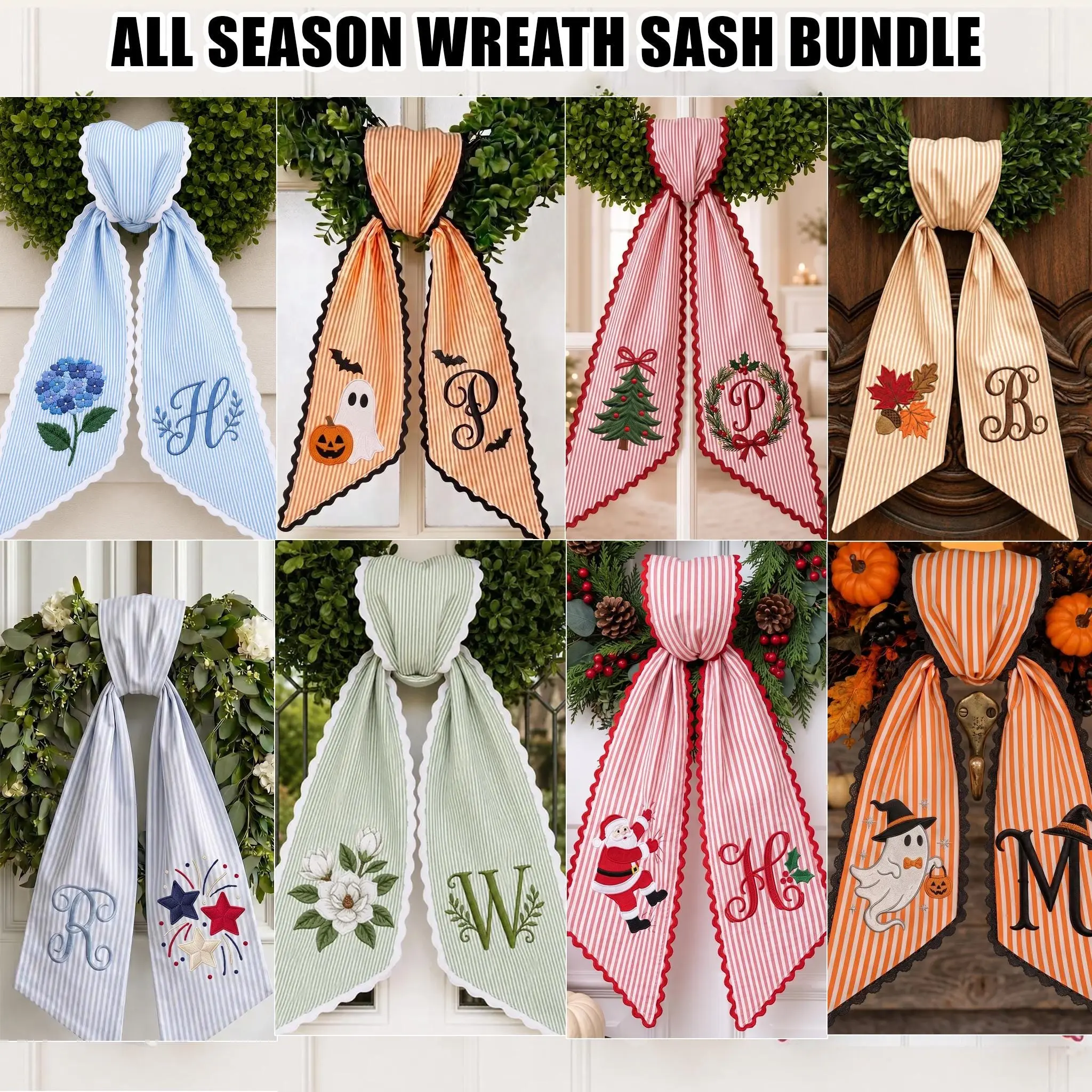 Custom All-season Monogram Bow Wreath Sash Bundle, Personalized Halloween Christmas Bow, Holiday & Everyday Door Decor