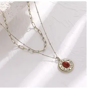 VITARING Natural Rhodonite Necklace and Earrings Set for Women, Double Layer Pendant Necklace, Coffee Gold Plated Jewelry, Stylish Accessory for Office, Work, and Everyday Wear Gift for Mom, Wife, or Friend