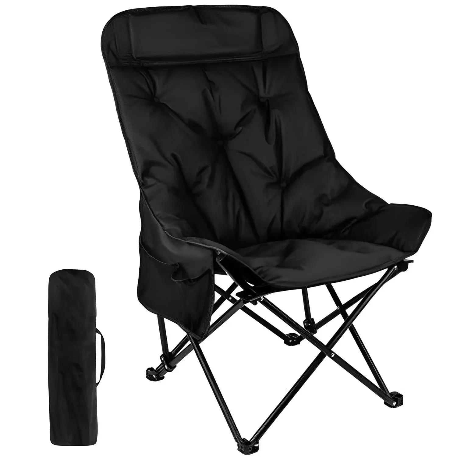 Camping Chair, Oversized Comfort Padded Folding with Cup Holder, for Outdoor Camping, 300 lbs Capacity, Black