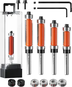 Crosstar 4Pcs Flush Trim Router Bit Set 1/4" Shank, Top & Bottom Bearing, Carbide Template Guide Bits for Woodworking - 1/2" Diameter, 3/4", 1", 1-1/4", 1-1/2" Cutting Length with Wrenches & Bearings