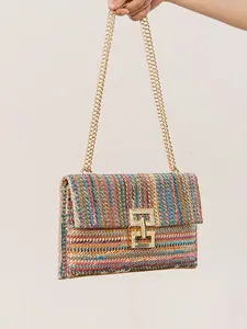 Women's Elegant Straw Textured Woven Clutch Bag with Detachable Chain Strap, Trendy Flap Clasp Closure Crossbody Bag, Fashionable Handbag Shoulder Bag for Beach, Weddings, Parties, Chic Chain Crossbody