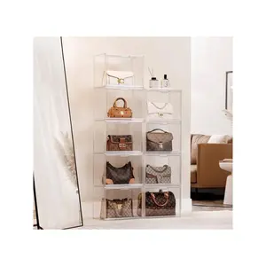 3 Pack Clear Handbag Storage Organizer For Closet, Stackable Acrylic Display Case Purse Organizer With Magnetic Door Plastic Shoe Box For Wallet, Figure, Hat, Toy, Book, Bag And Collectible