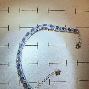 <PingEast jewelry > TSSSL06--925 Sterling Silver Bracelet Fully Set with 18 Pieces of 3*4mm Natural Tanzanites, Length 14cm + 5cm Extension Chain, Comes with Certificate.