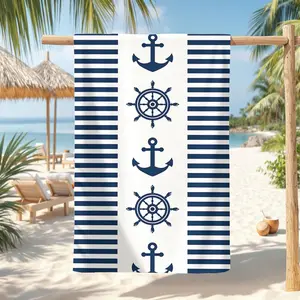 1pc of Navy Blue Striped Towel, Featuring a Navy Blue And White Striped Background with Alternating Prints, Embodying a Classic Nautical Style. Suitable for Swimming