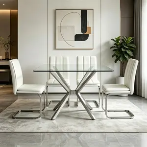47.24" Clear Tempered Glass Dining Table with Silver Metal Legs, Modern Rectangular Kitchen Table for Dining Room, Easy Clean & Sturdy, Silver