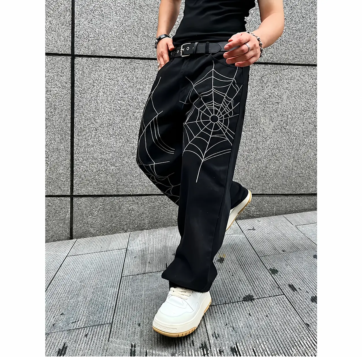 Men’s Black Spider Web Graphic Baggy Jeans - 70% Cotton, Polyester & Elastane Blend, Slight Stretch, Comfortable Wide Leg Y2K Menswear Streetwear Denim Pants, All Seasons, S-XXL, Fast US Direct Shipping