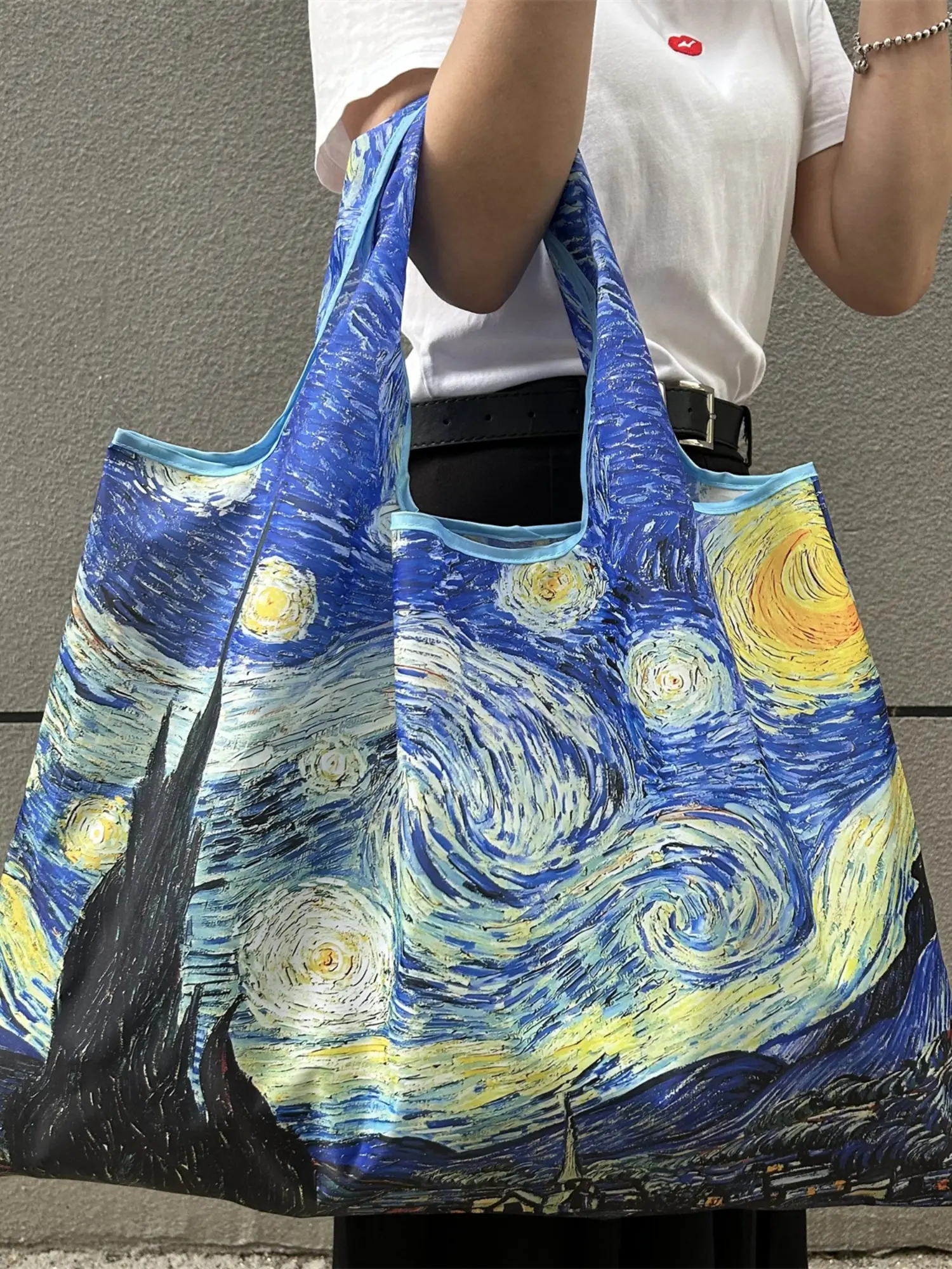 Vincent Van Gogh Starry Night Large Capacity Tote Bag, Foldable Polyester Shopping Bag, Shopping Totes, Reusable Handbag with Geometric Pattern, Unique Bags, Reusable Shopping Bags