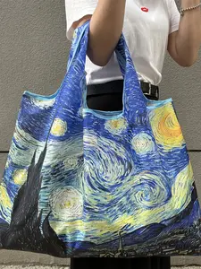 Vincent Van Gogh Starry Night Large Capacity Tote Bag, Foldable Polyester Shopping Bag, Reusable Handbag with Geometric Pattern, Unique Bags, Reusable Shopping Bags