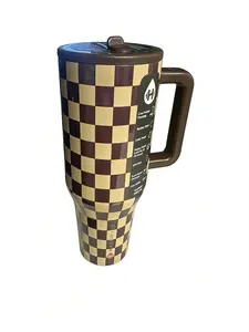 HydroJug 40oz Insulated Checkered Tumbler with Handle – Purple & Beige Checkerboard Stainless Steel Water Bottle Drinkware Flasks Mug Bottled Portable Lid Sturdy Wide Mouth