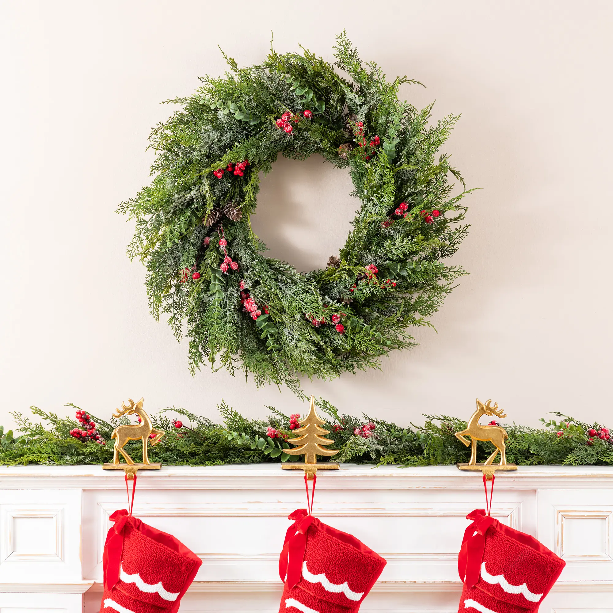 Glitzhome Frosted Mixed PE Christmas Wreath & Garland Set with Pinecones and Red Berries