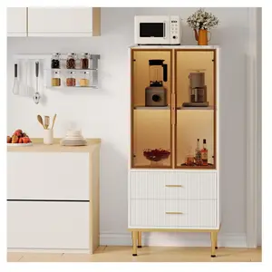 GARVEE Fluted Glass Door Storage Cabinet w/ Adjustable Shelves & 2 Drawers | White/Black Contemporary Display Unit for Kitchen Pantry or Living Room Storage​