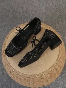 Women's Square Toe Low Heel Shoes, Versatile Bow Single Shoe, Fashion Slip-On, High Heels, Large Sizes 35-43
